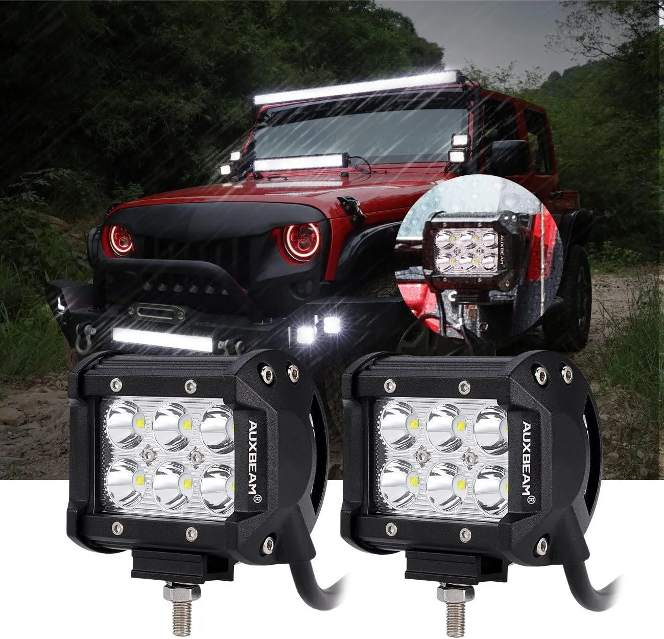 07-17 Jeep JK - Mega Bundle, 7" LED Halo Headlights,52" 300W Straight LED Light Bar&Windshield Mounting Brackets, 18W Pods light