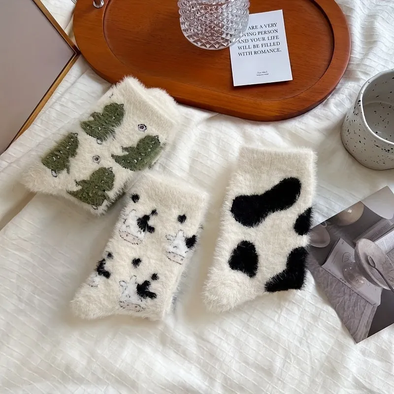 1/3 Pairs Of Cute Cow Green Tree Pattern Winter Socks, Comfortable, Warm, Thick And Fluffy Socks