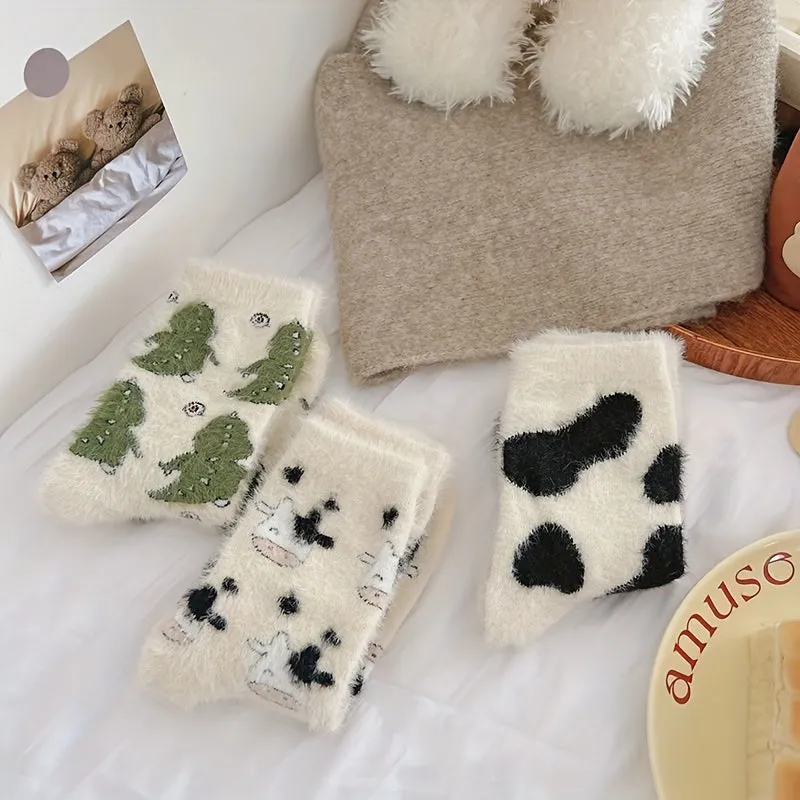 1/3 Pairs Of Cute Cow Green Tree Pattern Winter Socks, Comfortable, Warm, Thick And Fluffy Socks