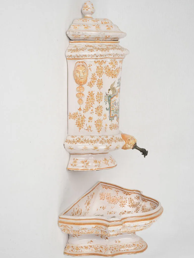 18th-century hand-painted yellow ceramic Moustier wall fountain