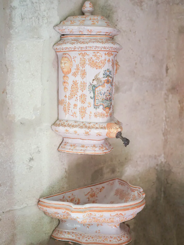 18th-century hand-painted yellow ceramic Moustier wall fountain