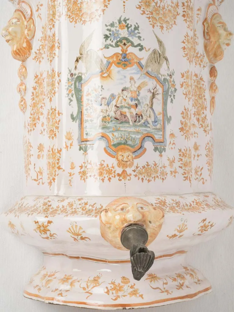 18th-century hand-painted yellow ceramic Moustier wall fountain