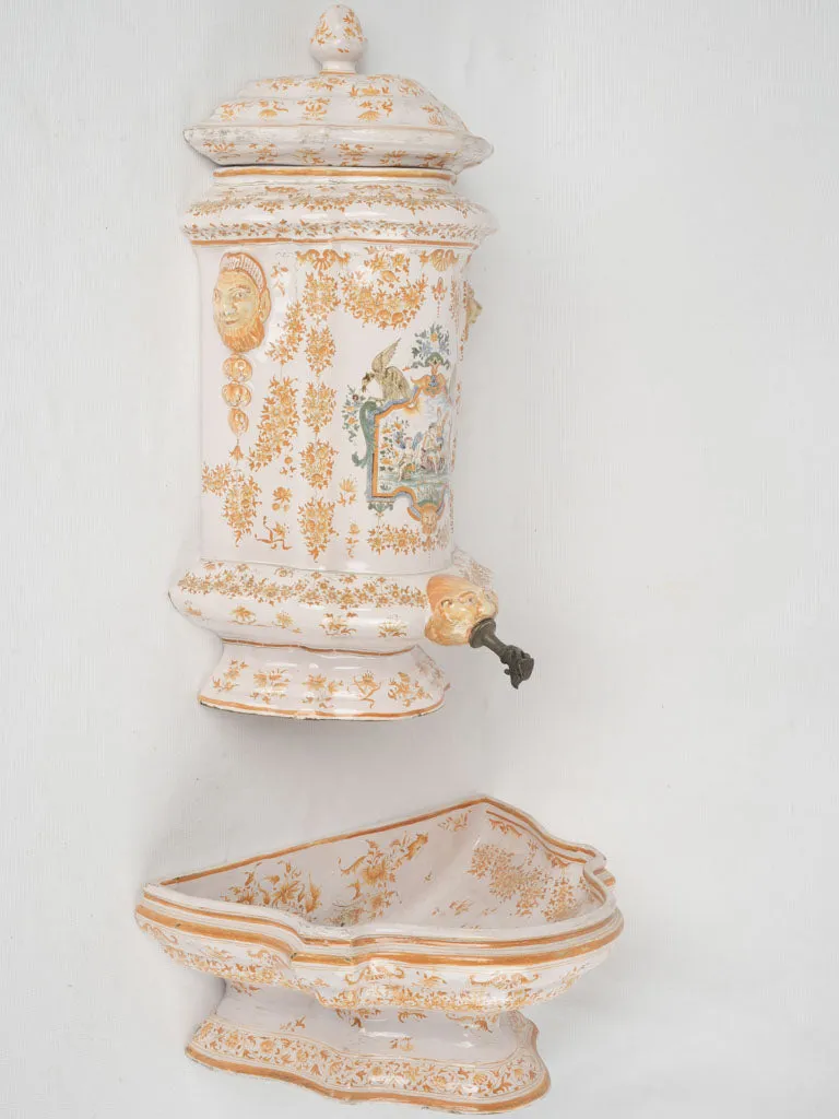 18th-century hand-painted yellow ceramic Moustier wall fountain