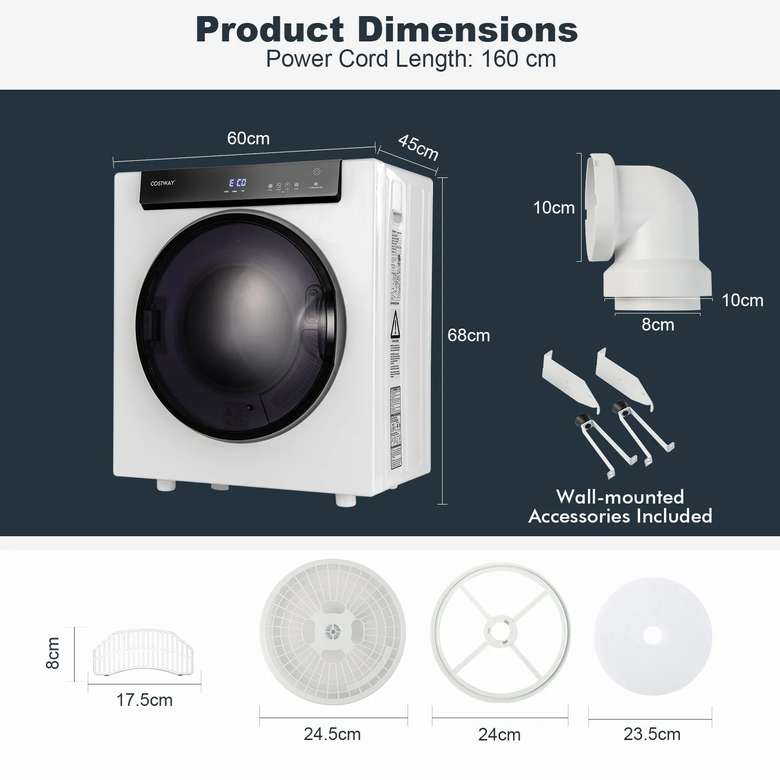 4KG Compact Dryer with Stainless Steel Tub and Multi-layer Filtration-White