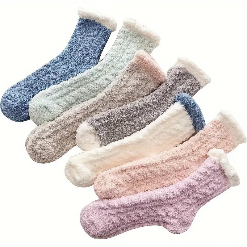 5 Pairs Plus Size Simple Socks Set, Women's Plus Soft Cozy Fluffy Slipper Plush Sleeping Winter Warm Mid-calf Socks