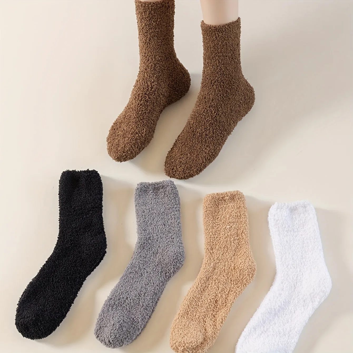 5 Pairs Plus Size Simple Socks Set, Women's Plus Soft Cozy Fluffy Slipper Plush Sleeping Winter Warm Mid-calf Socks