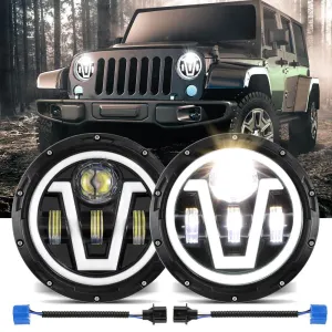 7 Inch LED Headlights Halo Amber Turn Signal Lights with DRL High/Low Beam Fit for Jeep Wrangler JK LJ CJ TJ