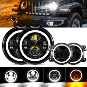 7'' LED Halo Headlights & 4'' 30W LED Fog Lights With White DRL with Amber Turn Signal For Jeep Wrangler2007-2018 JK