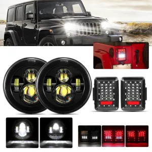 7'' LED Headlight Replacement & LED Smoke Tail Light Brake Reverse Turn Signal Lamp for Jeep Wrangler JK