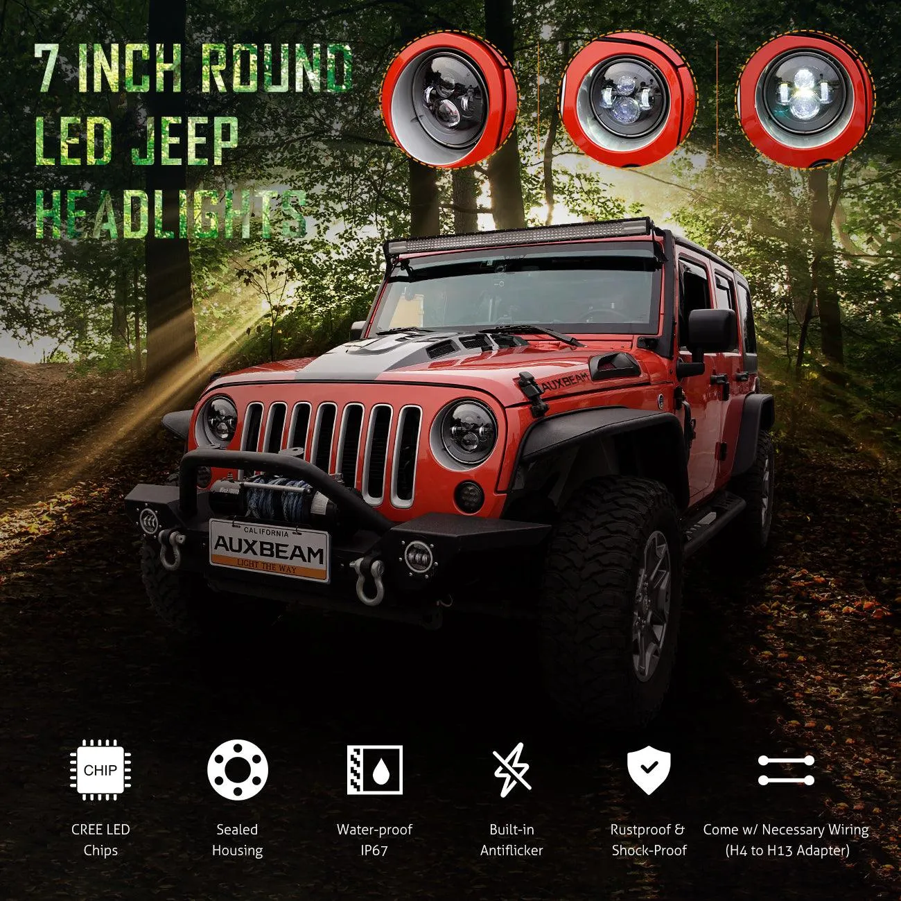 7'' LED Headlight Replacement & LED Smoke Tail Light Brake Reverse Turn Signal Lamp for Jeep Wrangler JK