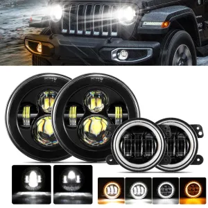 7'' LED Headlight Replacement And 4'' 30W LED Fog Lights with White DRL Amber Turn Signal For Jeep Wrangler2007-2018 JK