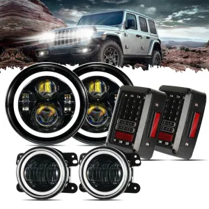 7'' LED Headlight Replacement with Halo Ring, 4'' LED Fog Light & LED Smoke Tail Light Brake Reverse Turn Signal Lamp for Jeep Wrangler JK