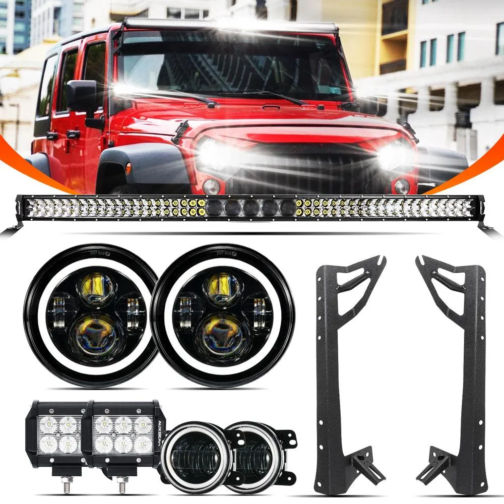 7" LED Halo Headlights   4" Inch LED Fog Lights with DRL   5D-PRO 52" Straight LED Light Bar   Windshield Mounting Brackets   18W Flood Beam Pod Lights Set for for Jeep Wrangler JK