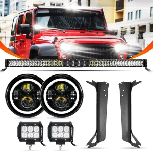 7" LED Halo Headlights   5D-PRO 52" Straight LED Light Bar   Windshield Mounting Brackets   18W Flood Beam Pod Lights Set for Jeep Wrangler TJ