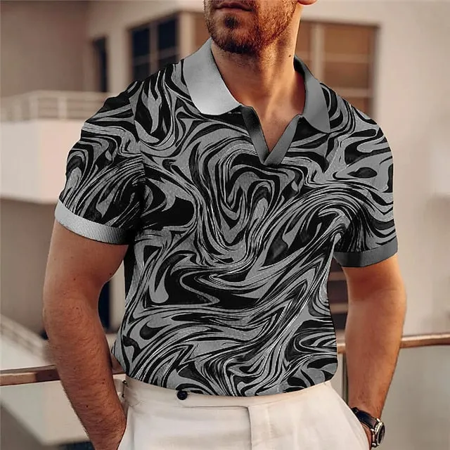 Abstract Gradient Men's Polo Shirt with V Neck and Colorful Print - Stylish Sports Fashion for Outdoor Streetwear