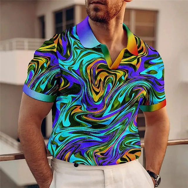 Abstract Gradient Men's Polo Shirt with V Neck and Colorful Print - Stylish Sports Fashion for Outdoor Streetwear