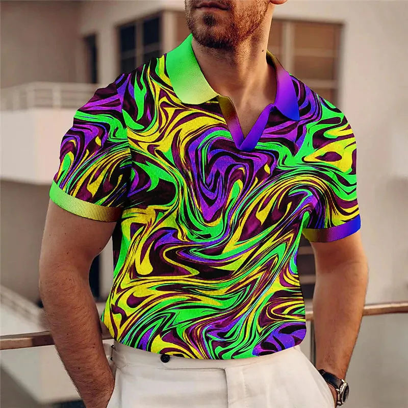 Abstract Gradient Men's Polo Shirt with V Neck and Colorful Print - Stylish Sports Fashion for Outdoor Streetwear