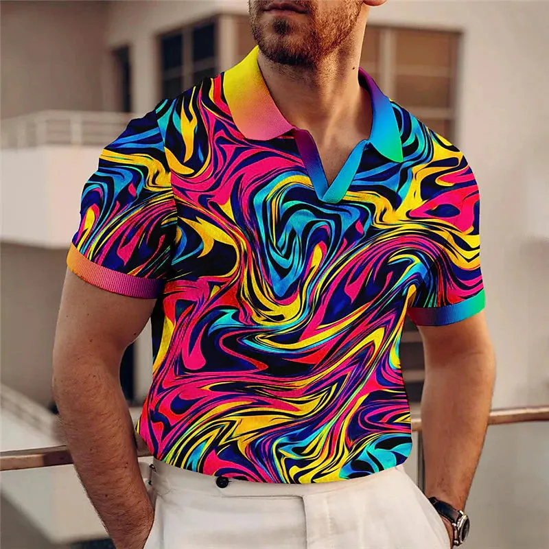 Abstract Gradient Men's Polo Shirt with V Neck and Colorful Print - Stylish Sports Fashion for Outdoor Streetwear