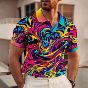 Abstract Gradient Men's Polo Shirt with V Neck and Colorful Print - Stylish Sports Fashion for Outdoor Streetwear