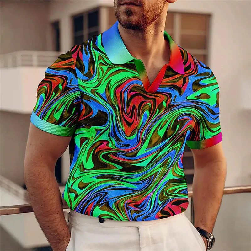 Abstract Gradient Men's Polo Shirt with V Neck and Colorful Print - Stylish Sports Fashion for Outdoor Streetwear