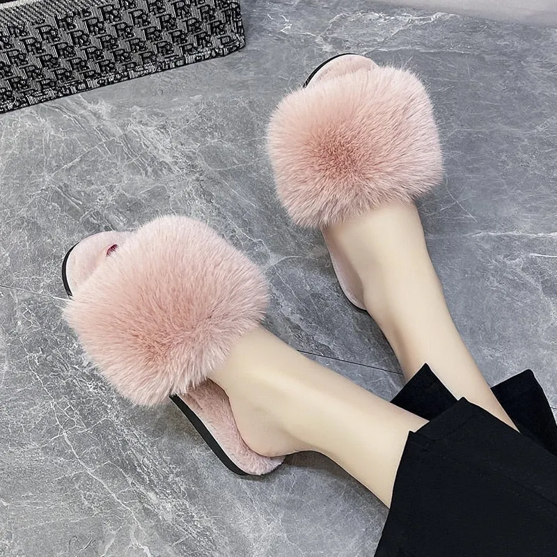 Advbridge Winter Fur Slippers Home Women Indoor Furry Soft Fluffy Plush Platform Flat Cotton Slippers Luxury Designer Slides House Shoes