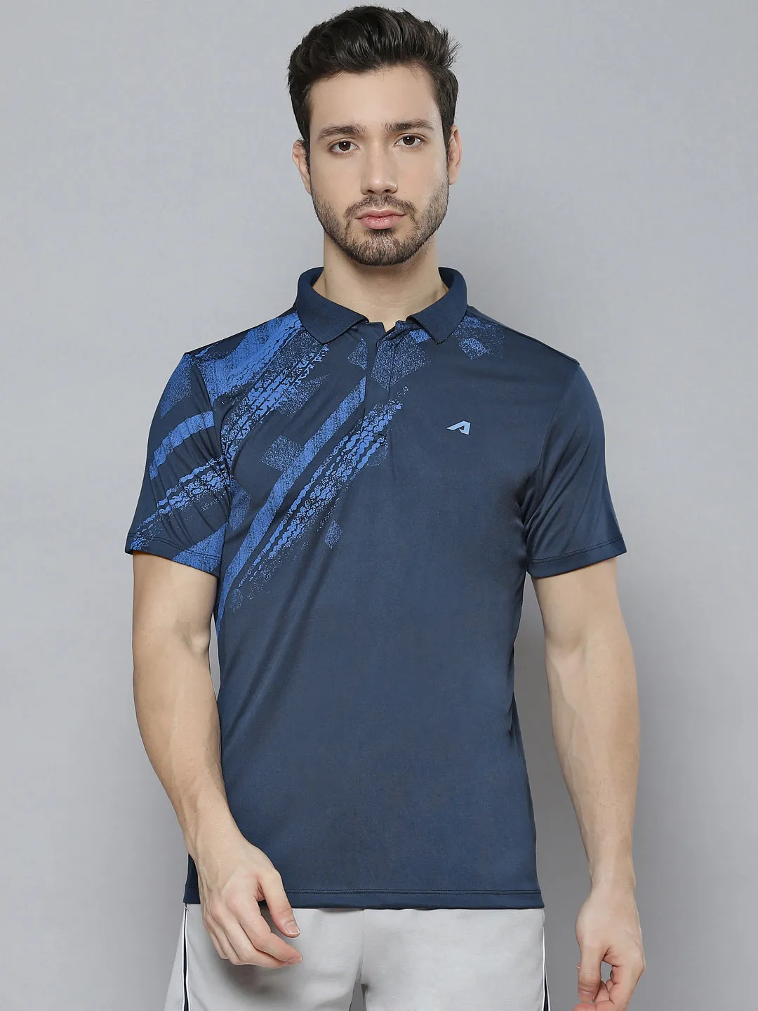 Alcis Men Navy Blue Abstract Printed Polo Collar T-shirt