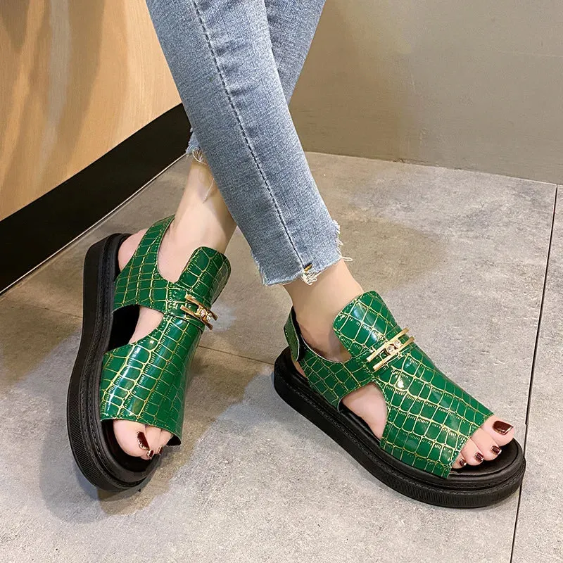 Amozae-New Platform Sandals Women Metal Buckle Casual Sandals 2023 New Summer Women Flat Shoes Sports Open Toe Non-slip Roman Sandals