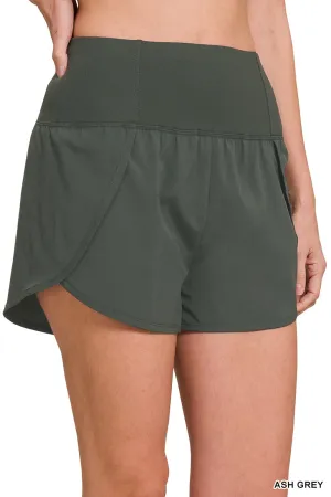 Ash Grey High Waisted Zipper Back Pocket Running Shorts