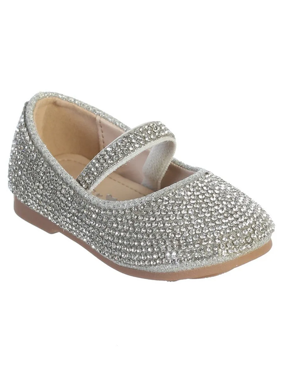 Baby Girls Silver Rhinestone Elastic Strap Mary Jane Dress Shoes 1-4 Baby