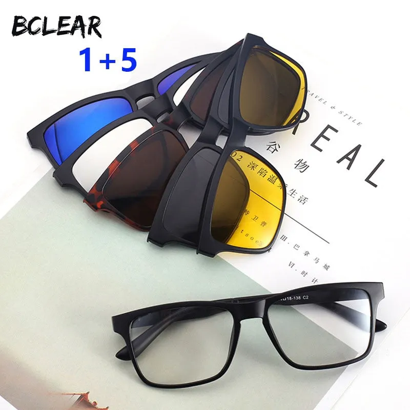 Bclear Men's Eyeglasses Tr 90 With 5 Clip On Polarized Lenses