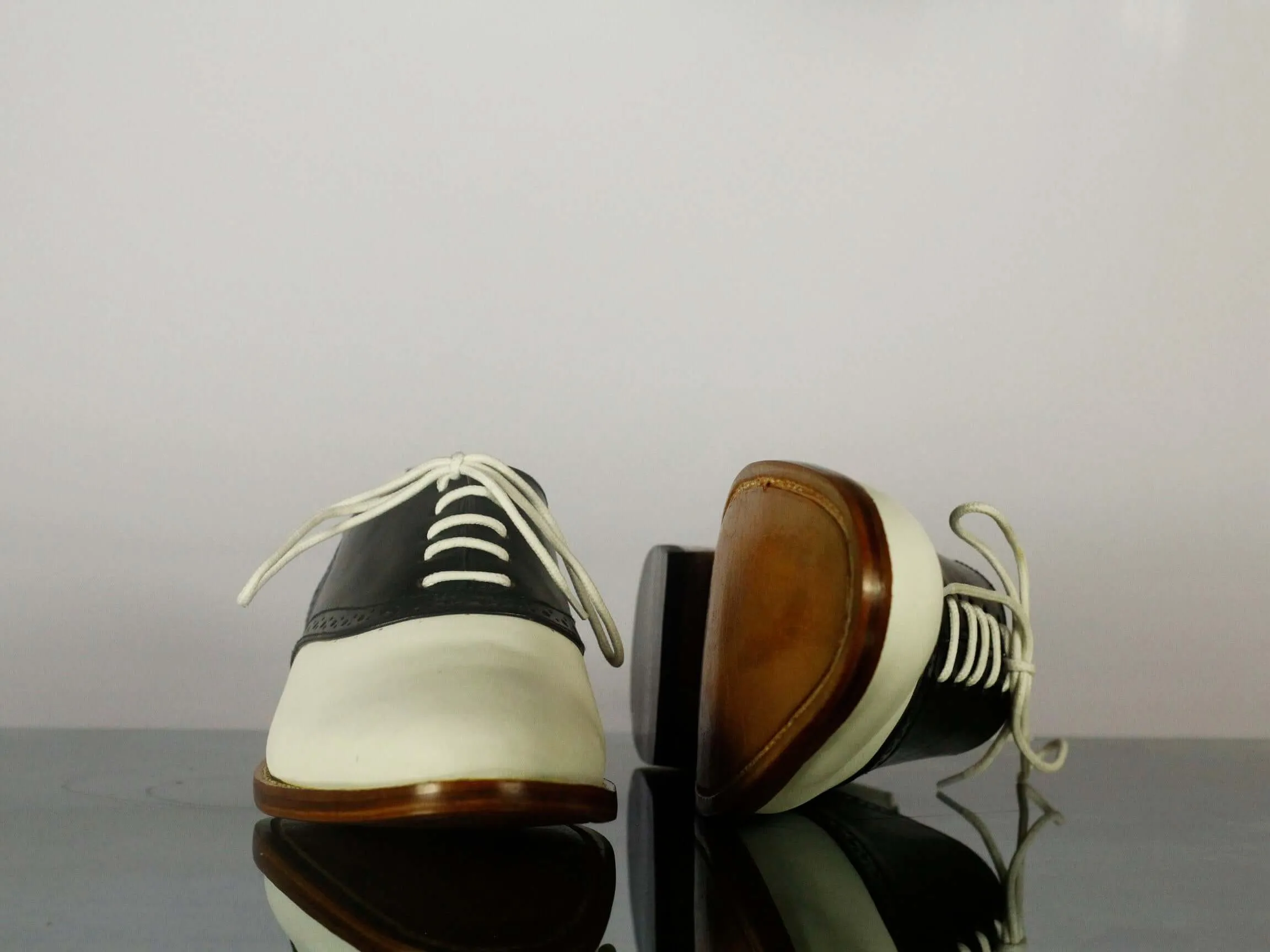 Bespoke White Black Lace Up Leather Shoes,Men's Stylish Shoes