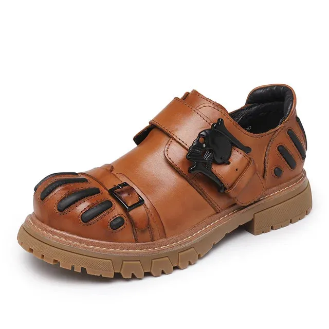 Buckle Solid Abstract Genuine Leather Shoes