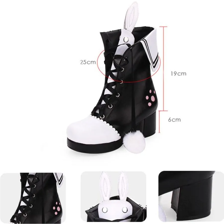 Bunny Ears Lace-up Fuzzy Ball Collar High Heel Lolita Boots MK368506