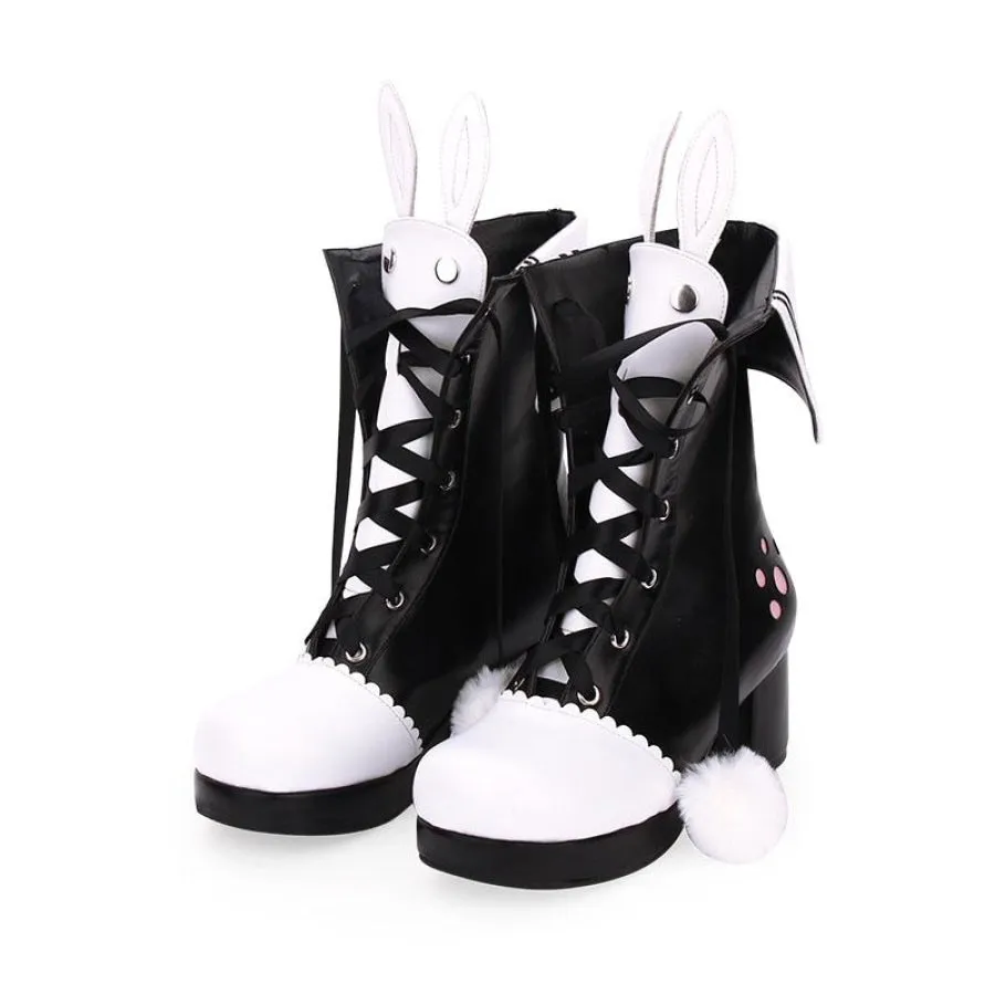 Bunny Ears Lace-up Fuzzy Ball Collar High Heel Lolita Boots MK368506