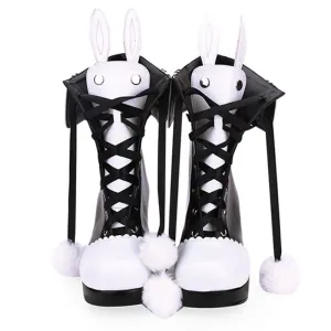 Bunny Ears Lace-up Fuzzy Ball Collar High Heel Lolita Boots MK368506