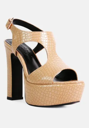 CROFT Croc High Heeled Cut Out Sandals in Beige