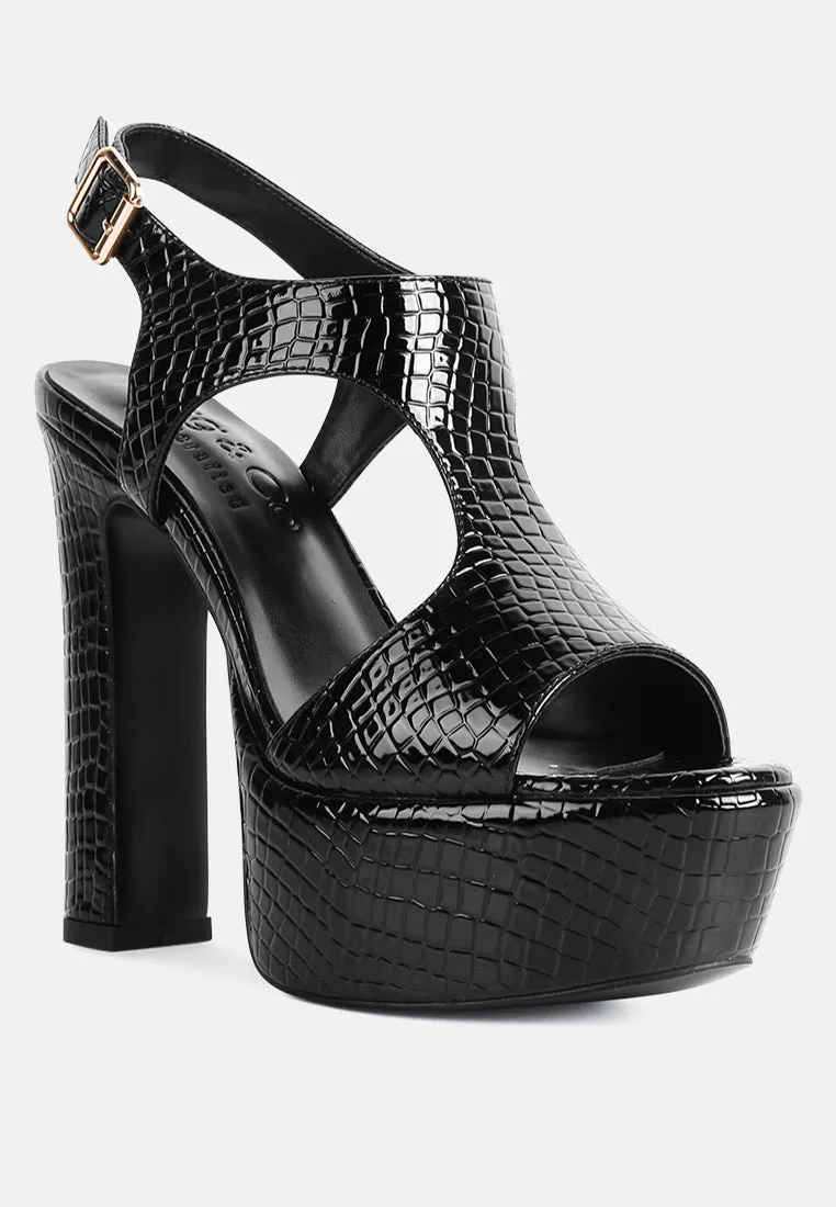 CROFT Croc High Heeled Cut Out Sandals in Black