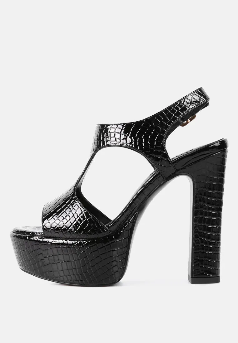 CROFT Croc High Heeled Cut Out Sandals in Black