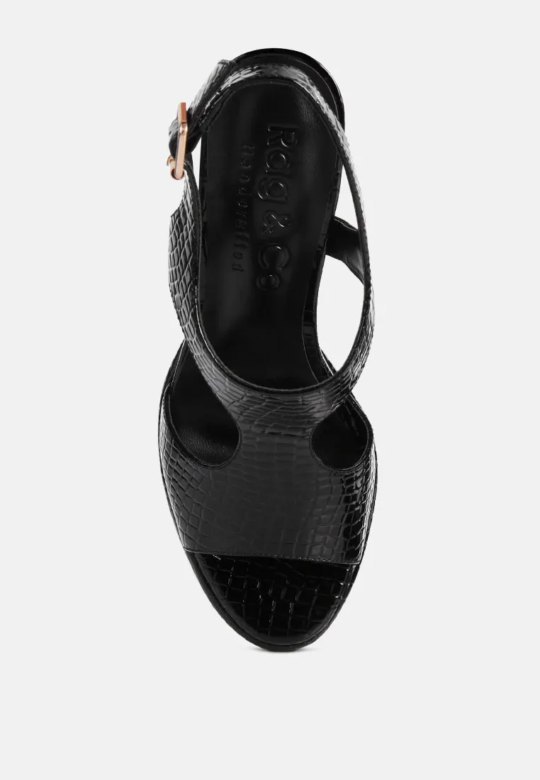 CROFT Croc High Heeled Cut Out Sandals in Black