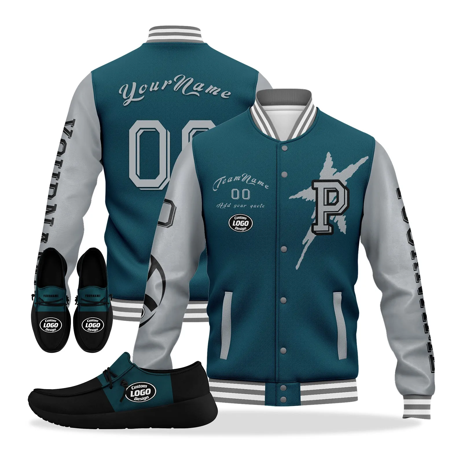 Custom Green Gray Black Philadelphia Jacket and Sports Shoes Combo Offer Personalized Combo ZH-D020294-23