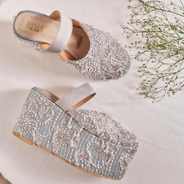 Customizable Hand-Embroidered Platform Shoes with Floral Beadwork | Bridal & Festive Wear