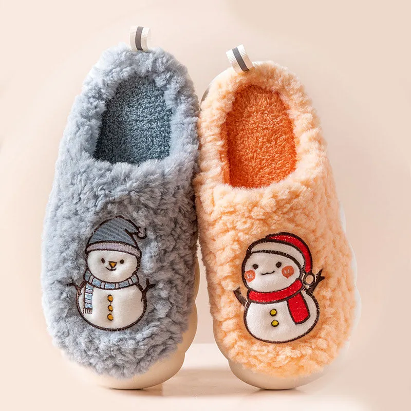 Cute Snowman Slippers Winter Indoor Household Warm Plush Thick-Soled Anti-slip Couple Home Slipper Soft Floor Bedroom House Shoes