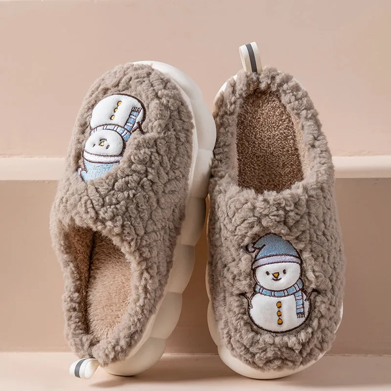 Cute Snowman Slippers Winter Indoor Household Warm Plush Thick-Soled Anti-slip Couple Home Slipper Soft Floor Bedroom House Shoes