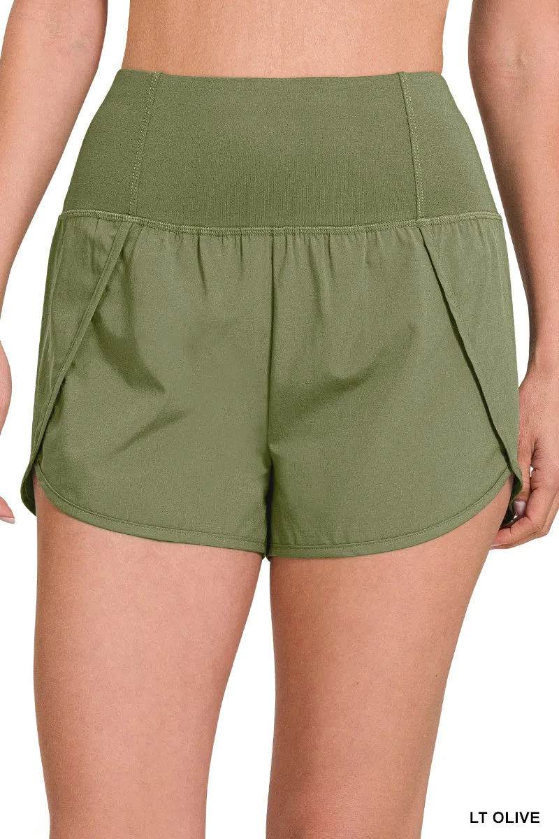 Dark Green High Waisted Zipper Back Pocket Running Shorts