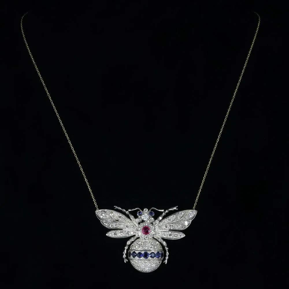 Diamond Sapphire Ruby Bumble Bee Necklace Silver 18Ct Gold