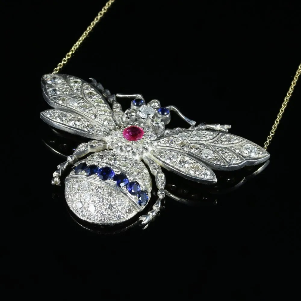 Diamond Sapphire Ruby Bumble Bee Necklace Silver 18Ct Gold