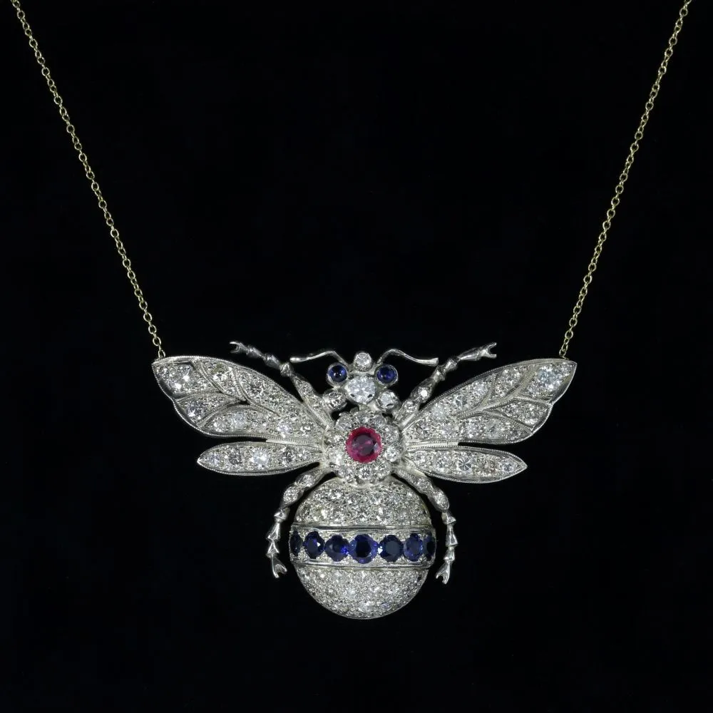 Diamond Sapphire Ruby Bumble Bee Necklace Silver 18Ct Gold