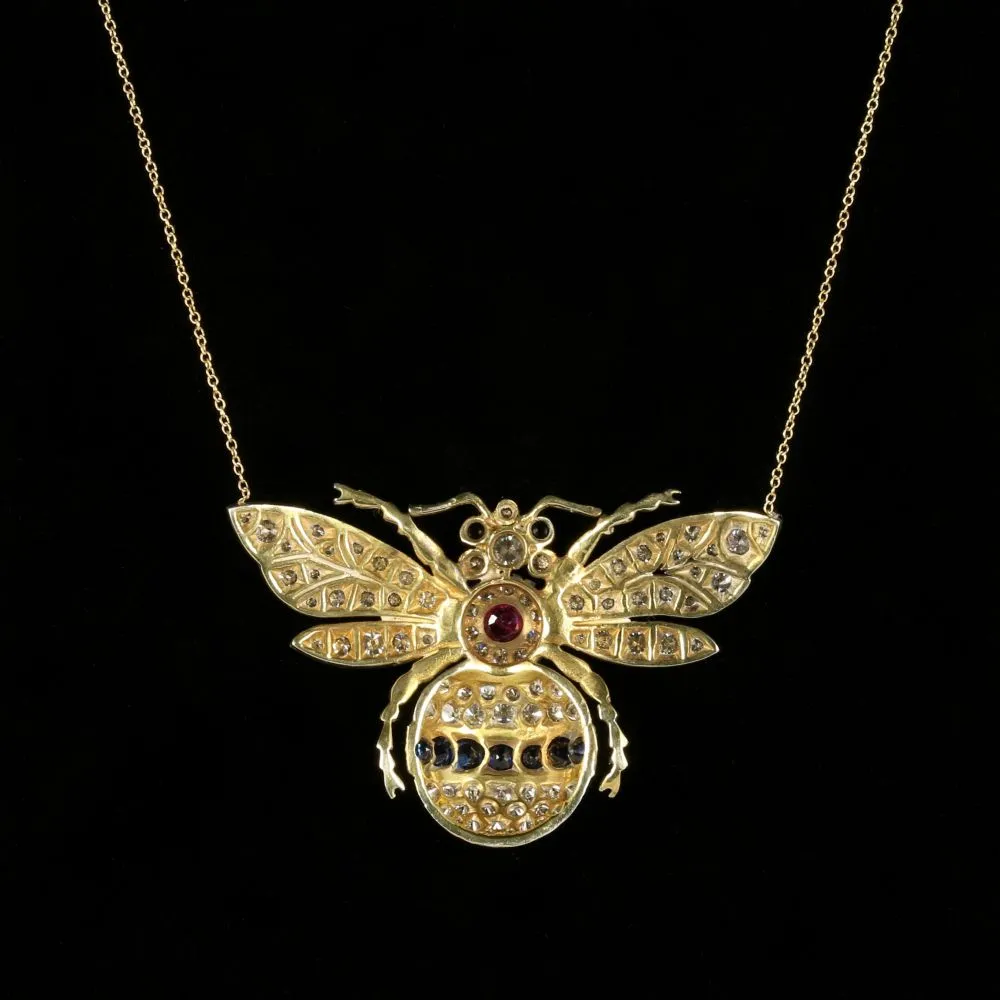 Diamond Sapphire Ruby Bumble Bee Necklace Silver 18Ct Gold