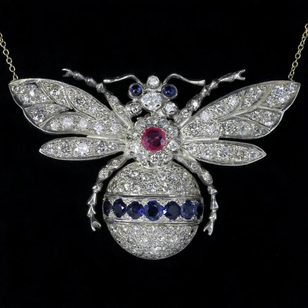 Diamond Sapphire Ruby Bumble Bee Necklace Silver 18Ct Gold