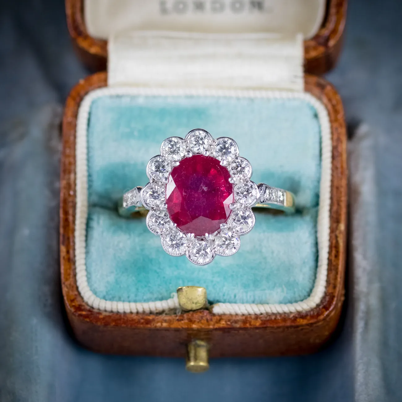 Edwardian Style Ruby Diamond Cluster Ring 3ct Ruby